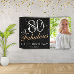 80 en Fabulous Elegant Black 80th Birthday Foto Spandoek<br><div class="desc">80 en Fabulous Elegant Black 80th Birthday Photo Banner. Geweldig teken voor de 80ste verjaardagsfeestje met een aangepaste foto, inspirerend en grappige quote 80 en geweldige tekst in trendy script met een naam. De achtergrond is zwart en de tekst is in witte en gouden kleuren. Pas het teken aan met...</div>