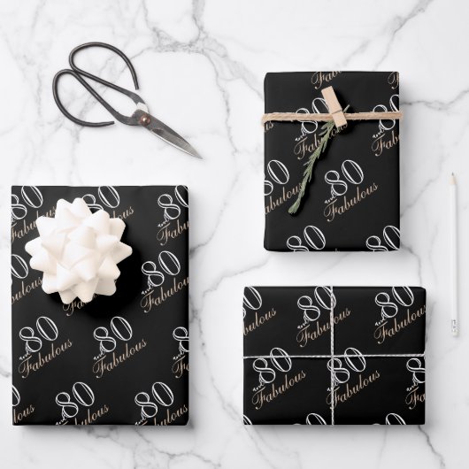80 en Fabulous Elegant Black 80th Birthday Inpakpapier Vel (Voorkant)