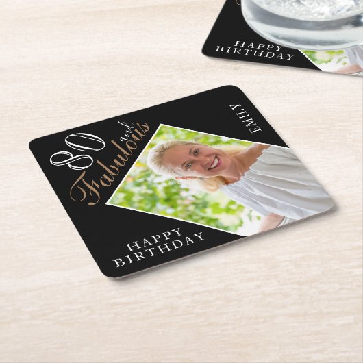 80 en Fabulous Elegant Black Photo 80th Birthday Kartonnen Onderzetters (Schuin)