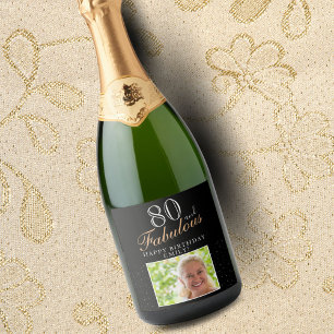 80 en Fabulous Elegant Black Photo 80th Birthday Sparkling Wijnetiket