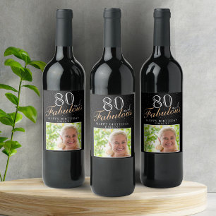 80 en Fabulous Elegant Black Photo 80th Birthday Wijn Etiket