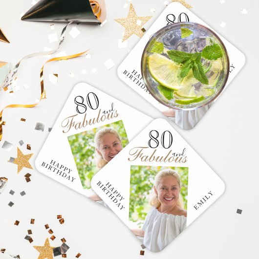 80 en Fabulous Elegant Script Photo 80th Birthday Kartonnen Onderzetters