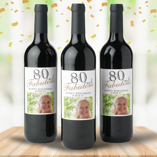 80 en Fabulous Elegant Script Photo 80th Birthday Wijn Etiket