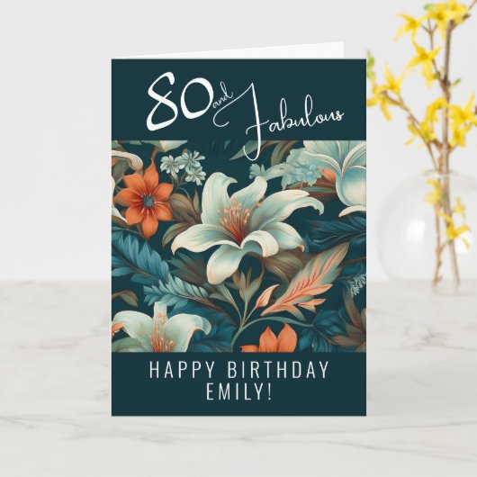80 en Fabulous Flower Pattern Verjaardag Kaart (Gele Bloem)