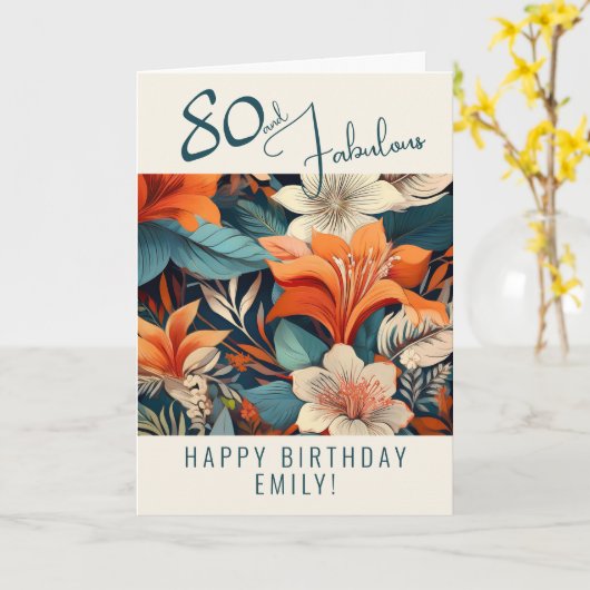 80 en Fabulous Flower Pattern Verjaardag Kaart (Gele Bloem)