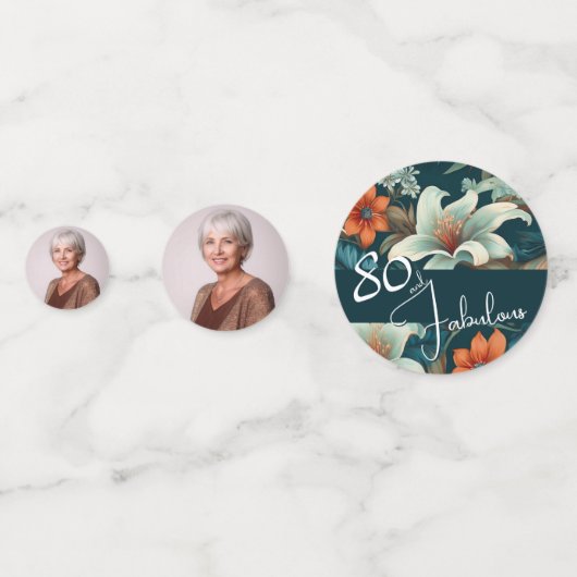 80 en Fabulous Flower Pattern Verjaardagsfoto Confetti (Voorkanten)