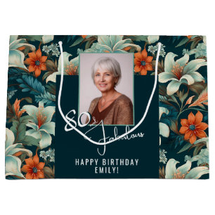 80 en Fabulous Flower Pattern Verjaardagsfoto Groot Cadeauzakje