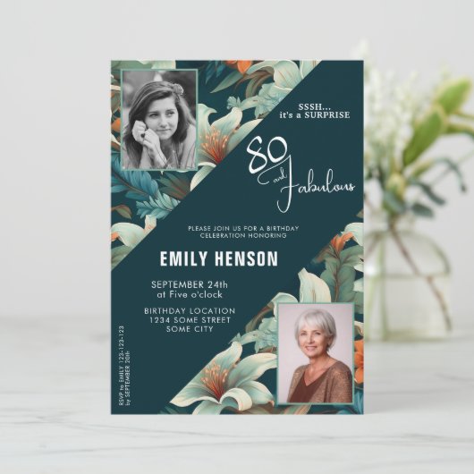 80 en Fabulous Flower Pattern Verjaardagsfoto Kaart (Staand voorkant)