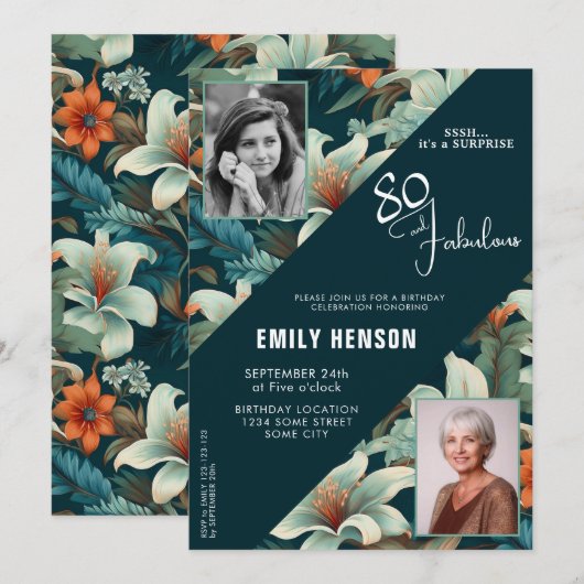 80 en Fabulous Flower Pattern Verjaardagsfoto Kaart (Voorkant / Achterkant)