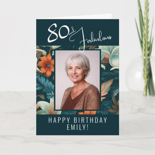 80 en Fabulous Flower Pattern Verjaardagsfoto Kaart (Voorkant)