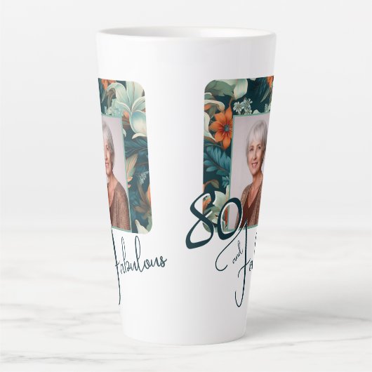 80 en Fabulous Flower Pattern Verjaardagsfoto Latte Mok (Voorkant)