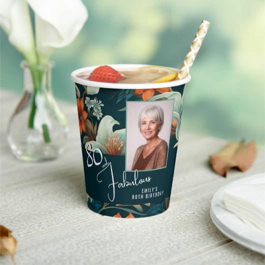 80 en Fabulous Flower Pattern Verjaardagsfoto Papieren Bekers (Insitu)
