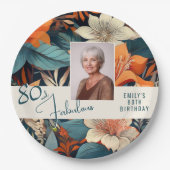 80 en Fabulous Flower Pattern Verjaardagsfoto Papieren Bordje (Voorkant)