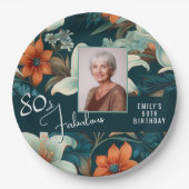 80 en Fabulous Flower Pattern Verjaardagsfoto Papieren Bordje (Voorkant)