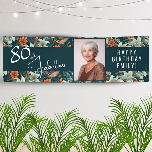 80 en Fabulous Flower Pattern Verjaardagsfoto Spandoek