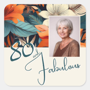 80 en Fabulous Flower Pattern Verjaardagsfoto Vierkante Sticker