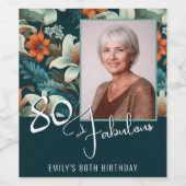 80 en Fabulous Flower Pattern Verjaardagsfoto Wijn Etiket (Enkel label)