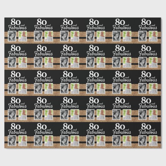 80 en Fabulous Gold Glitter 2 Foto 80th Birthday Cadeaupapier (Vlak)