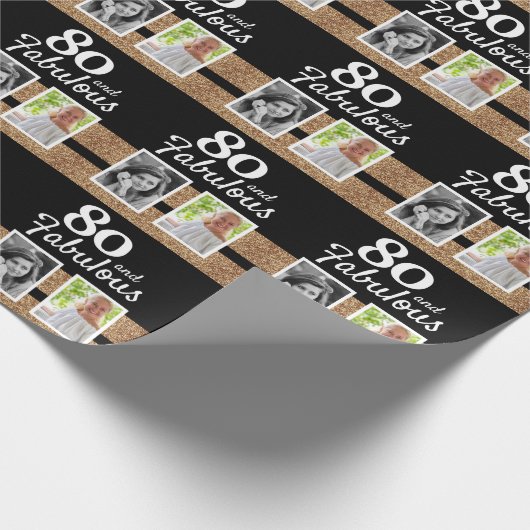 80 en Fabulous Gold Glitter 2 Foto 80th Birthday Cadeaupapier (Hoek)