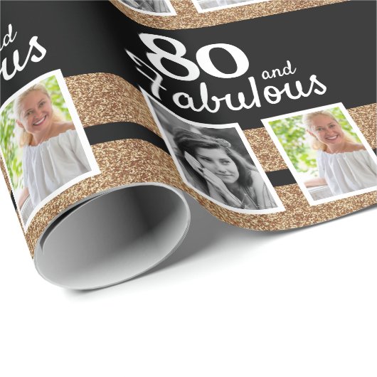 80 en Fabulous Gold Glitter 2 Foto 80th Birthday Cadeaupapier (Rol Hoek)