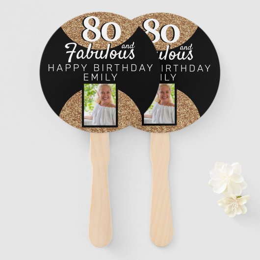 80 en Fabulous Gold Glitter 2 Foto 80th Birthday Handwaaier (Voorkant en achterkant)