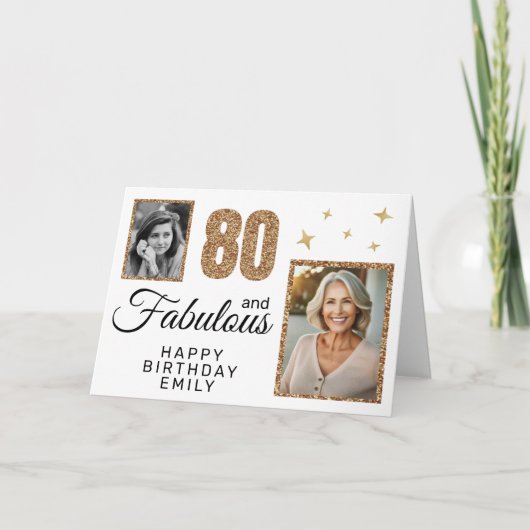 80 en Fabulous Gold Glitter 2 Foto 80th Birthday Kaart (Voorkant)