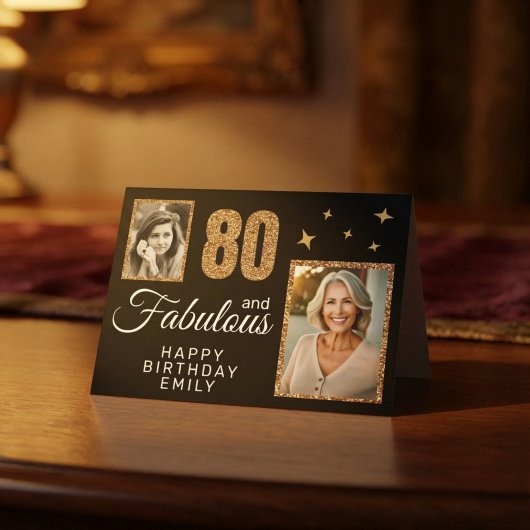 80 en Fabulous Gold Glitter 2 Foto 80th Birthday Kaart