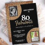 80 en Fabulous Gold Glitter 2 Foto 80th Birthday Kaart<br><div class="desc">80 en Fabulous Gold Glitter 2 Foto 80th Birthday Invitation. Moderne en elegante zwarte en faux goudglitter verjaardag uitnodiging voor haar. Voeg uw foto's toe - u kunt een oude en een nieuwe foto gebruiken.</div>