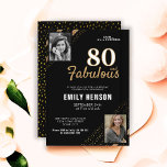 80 en Fabulous Gold Glitter 2 Foto 80th Birthday Kaart<br><div class="desc">80 en Fabulous Gold Glitter 2 Foto 80th Birthday Surprise Party Invitation. Moderne en elegante zwarte en faux goudglitter verjaardag uitnodiging voor haar. Voeg uw foto's toe - u kunt een oude en een nieuwe foto gebruiken. U kunt alle tekst wijzigen.</div>