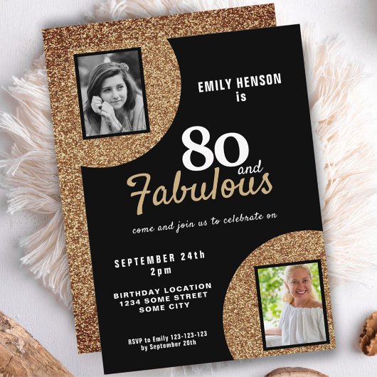 80 en Fabulous Gold Glitter 2 Foto 80th Birthday Kaart