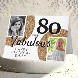 80 en Fabulous Gold Glitter 2 Foto 80th Birthday Kaart