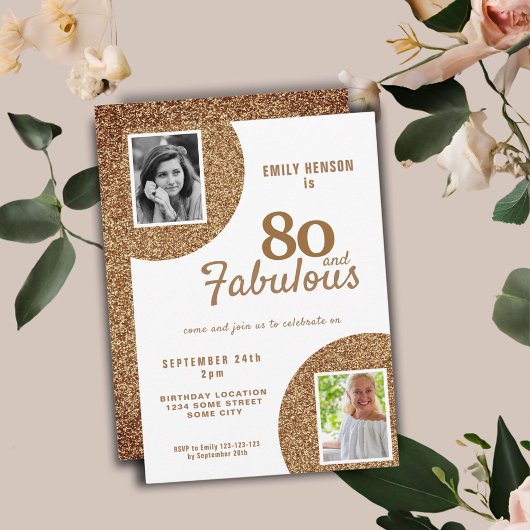 80 en Fabulous Gold Glitter 2 Foto 80th Birthday Kaart