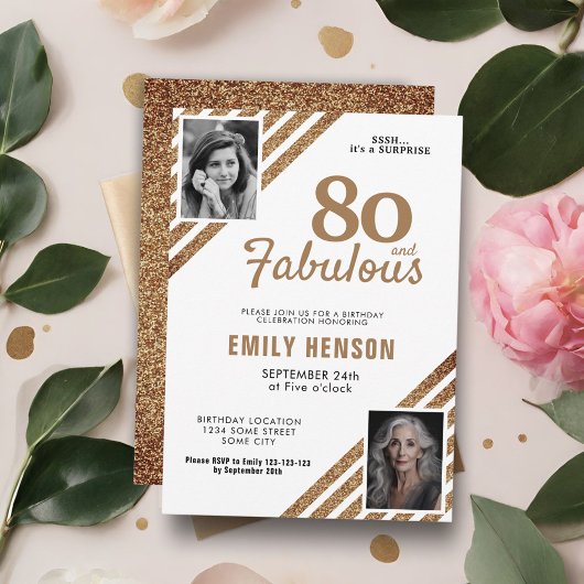 80 en Fabulous Gold Glitter 2 Foto 80th Birthday Kaart