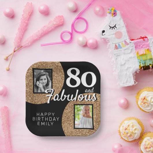 80 en Fabulous Gold Glitter 2 Foto 80th Birthday Papieren Bordje (Feest)