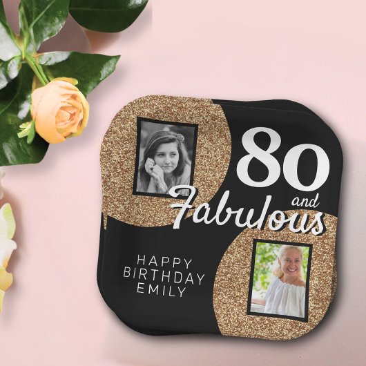 80 en Fabulous Gold Glitter 2 Foto 80th Birthday Papieren Bordje
