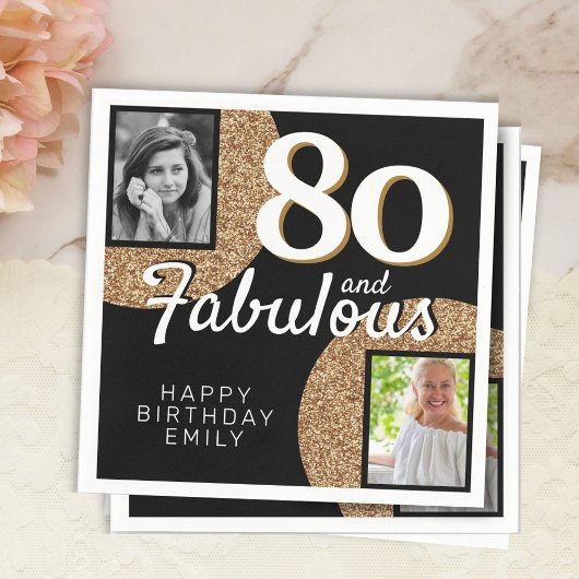 80 en Fabulous Gold Glitter 2 Foto 80th Birthday Servet