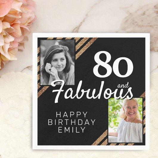 80 en Fabulous Gold Glitter 2 Foto 80th Birthday Servet