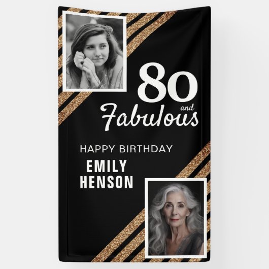 80 en Fabulous Gold Glitter 2 Foto 80th Birthday Spandoek (Verticaal)