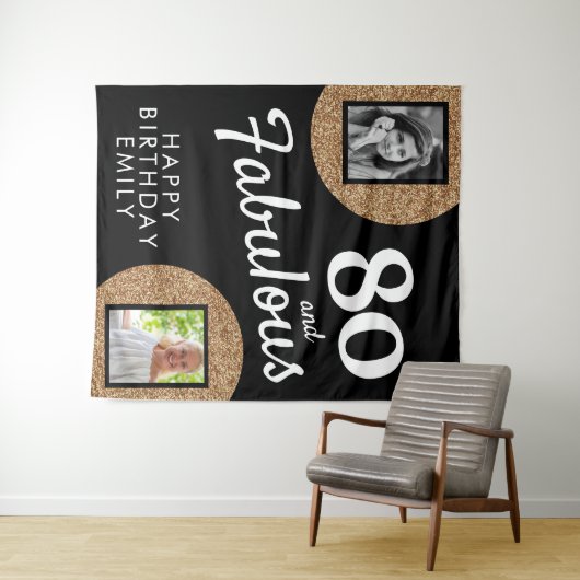 80 en Fabulous Gold Glitter 2 Foto 80th Birthday Wandkleed (In Situ (horizontaal))