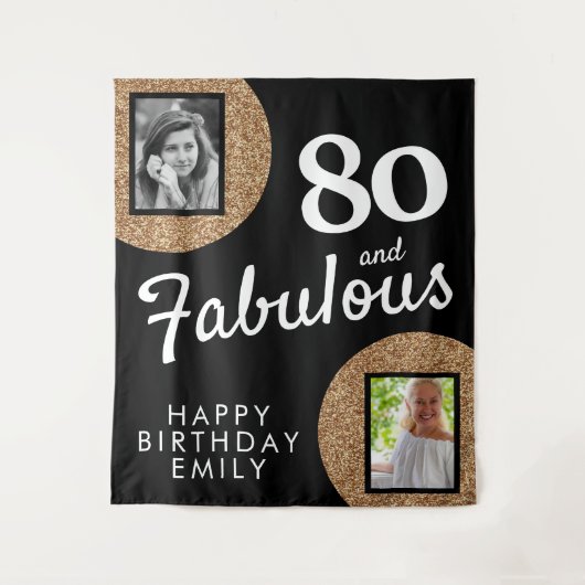 80 en Fabulous Gold Glitter 2 Foto 80th Birthday Wandkleed (Voorkant)