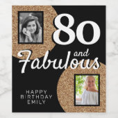 80 en Fabulous Gold Glitter 2 Foto 80th Birthday Wijn Etiket (Enkel label)