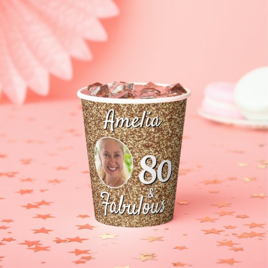 80 en Fabulous Gold Glitter 80th Birthday Foto Papieren Bekers (Insitu)
