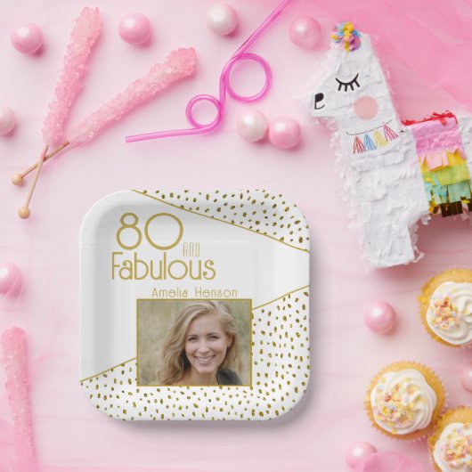 80 en Fabulous Gold Glitter Photo 80th Birthday Papieren Bordje (Feest)