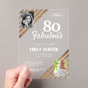 80 en Fabulous Gouden Glitter 2 Foto 80ste Verjaar Acryl Uitnodigingen