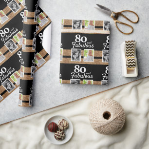 80 en Fabulous Gouden Glitter 2 Foto 80ste Verjaar Cadeaupapier