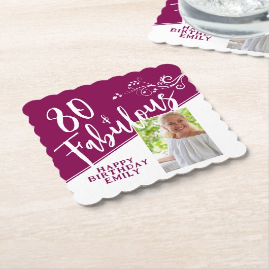 80 en Fabulous Script Photo Magenta 80th Birthday Kartonnen Onderzetters (Gebogen)