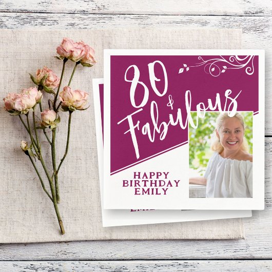 80 en Fabulous Script Photo Magenta 80th Birthday Servet