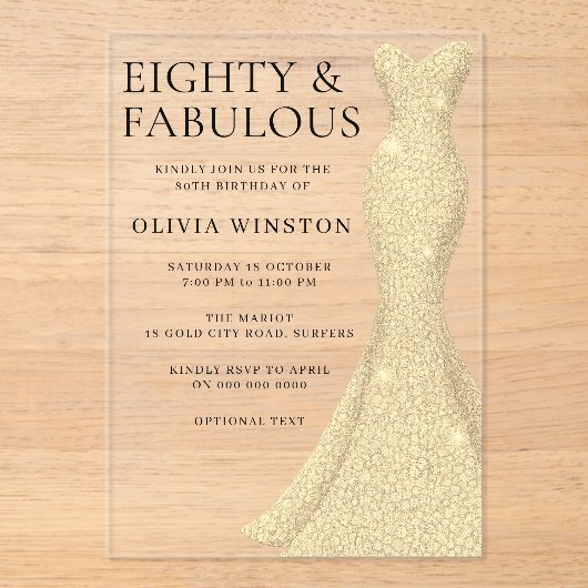 80 en fantastische gouden jurk 80ste verjaardag acryl uitnodigingen (Voorkant)