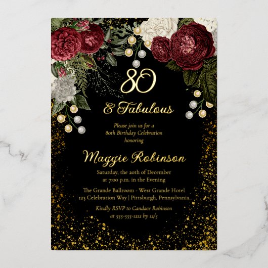 80 en Floral Birthday Party (Roos van Fabulous Gla Folie Uitnodiging (Voorkant)