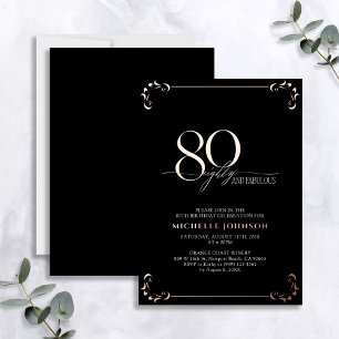 80 & Fabulous Black Roos Gold Calligraphy Birthday Folie Uitnodiging